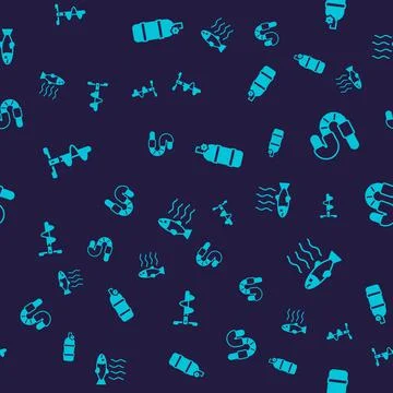 Set Hand ice drill, Worm, Aqualung and Dead fish on seamless pattern. Vector Stock Illustration