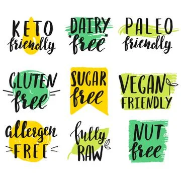 Set of hand lettered modern diet restriction signs. Stock Illustration