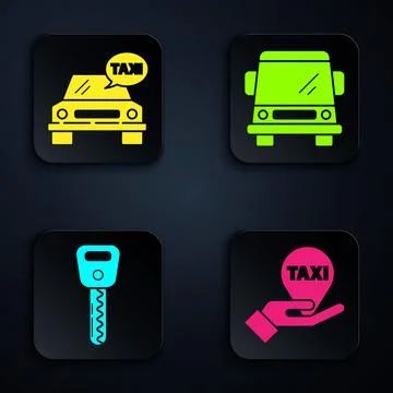 Set Hand on map pointer with taxi, Taxi car, Car key and Car. Black square Stock Illustration