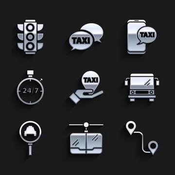 Set Hand on map pointer with taxi, Cable car, Route location, Bus, Magnifying Stock Illustration