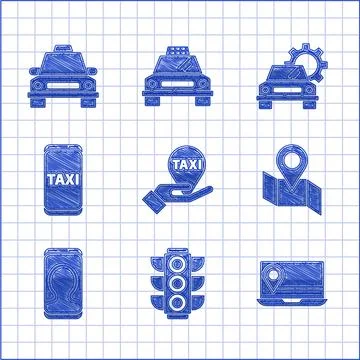Set Hand on map pointer with taxi, Traffic light, Laptop location marker, Folded Stock Illustration