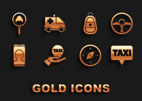 Set Hand on map pointer with taxi, Steering wheel, Map, Compass, Taxi call Stock Illustration