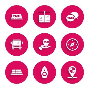 Set Hand on map pointer with taxi, Car key remote, Map, Compass, Taxi car roof Stock Illustration