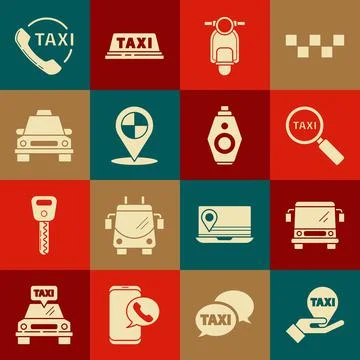 Set Hand on map pointer with taxi, Bus, Magnifying glass car, Scooter, Map, T Stock Illustration