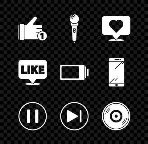 Set Hand like, Microphone, Like heart, Pause button, Fast forward, Vinyl disk Stock Illustration