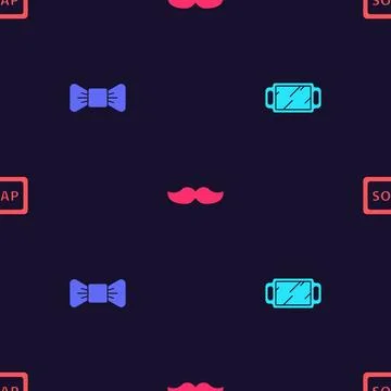 Set Hand mirror, Bow tie, Mustache and Bar of soap with foam on seamless pattern Stock Illustration