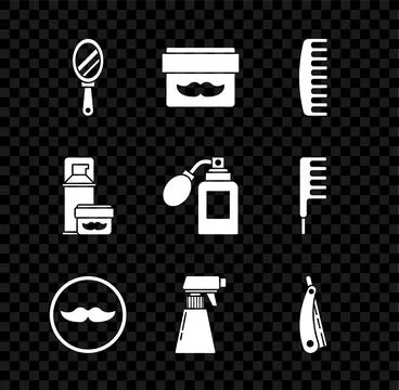 Set Hand mirror, Cream lotion cosmetic jar, Hairbrush, Mustache, Hairdresse.. Stock Illustration