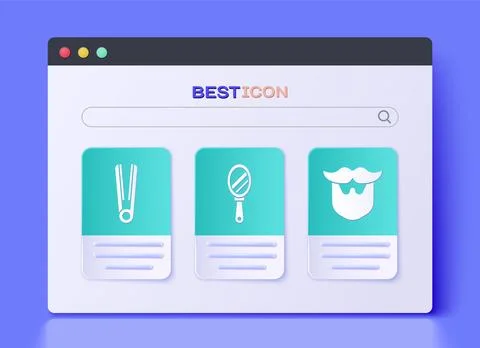 Set Hand mirror, Curling iron for hair and Mustache and beard icon. Vector Stock Illustration
