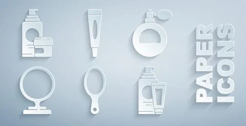 Set Hand mirror, Perfume, Round makeup, Cream lotion cosmetic tube, and icon Illustration