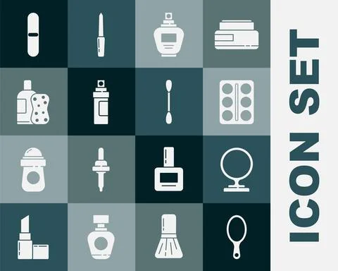 Set Hand mirror, Round makeup, Eye shadow palette, Perfume, Bottle of shampoo Illustration