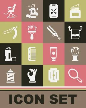 Set Hand mirror, Shaving brush, Towel on hanger, Barber online service platform Stock Illustration