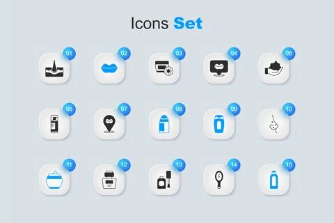 Set Hand mirror, Smiling lips, Cream lotion cosmetic tube, Bottle of shampo.. Stock Illustration