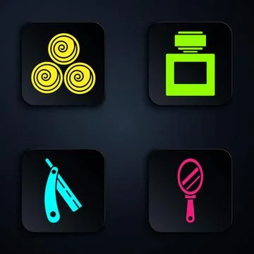 Set Hand mirror, Towel rolls, Straight razor and Aftershave. Black square button Stock Illustration