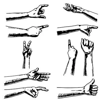 Set of Hand Motions Demonstrating Different Directions and Sign Language Stock Illustration