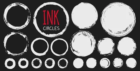 Set of hand painted ink circles on black background Stock Illustration