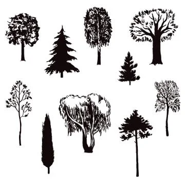 Set of hand painted trees isolated on background Stock Illustration