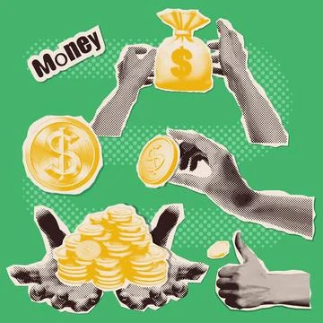 Set of hand paper sticker elements holding money for halftone collages. Retro Stock Illustration