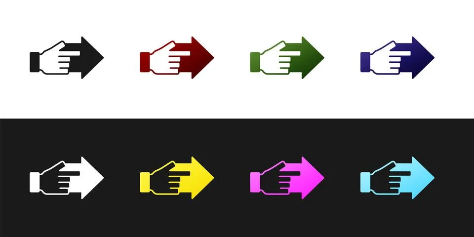 Set Hand with pointing finger with arrow icon isolated on black and white b.. Stock Illustration