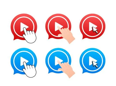 Set Hand pushing play button. Button video player with finger click. Watch now Stock Illustration