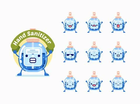 Set of hand sanitizer character with different facial expression for emoticon Stock Illustration