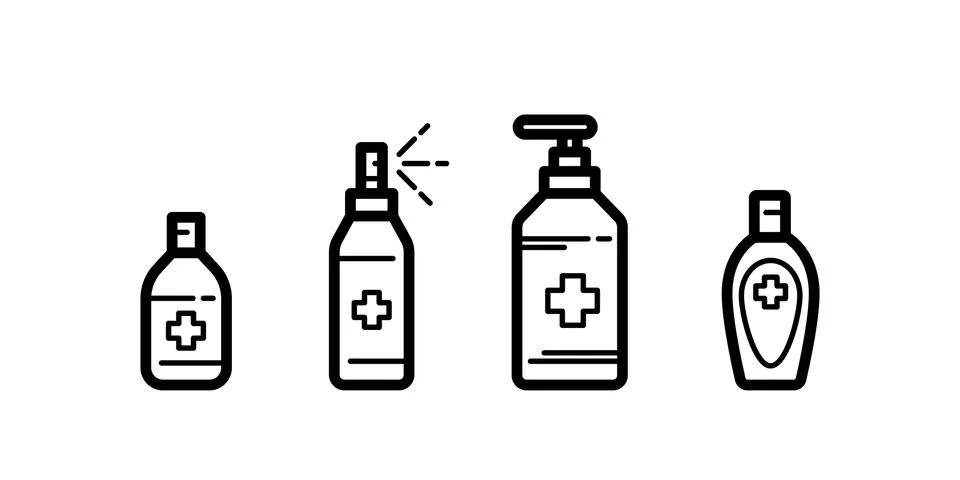 Set hand sanitizer icon in line art, outline style isolated Stock Illustration