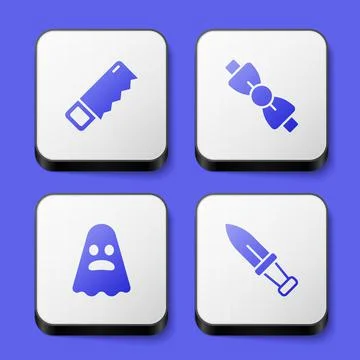 Set Hand saw, Bow tie, Ghost and Dagger icon. White square button. Vector Stock Illustration