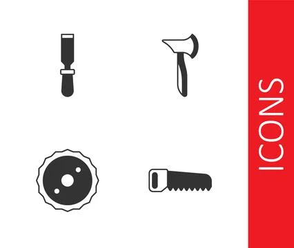 Set Hand saw, Chisel tool, Circular blade and Wooden axe icon. Vector Stock Illustration