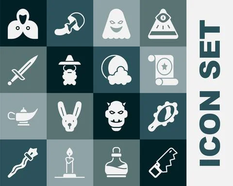 Set Hand saw, Magic hand mirror, scroll, Ghost, Wizard warlock, Dagger, Mantle Stock-Illustration