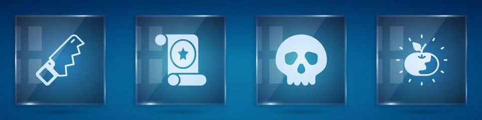 Set Hand saw, Magic scroll, Skull and Poison apple. Square glass panels. Vector Stock Illustration
