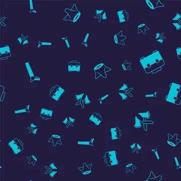 Set Hand saw, Toolbox, Tree stump and Wooden axe on seamless pattern. Vector Stock Illustration