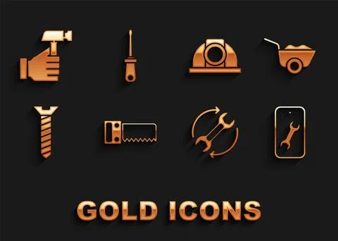Set Hand saw, Wheelbarrow, Mobile service, Wrench arrows as workflow, Metallic Illustrazione stock