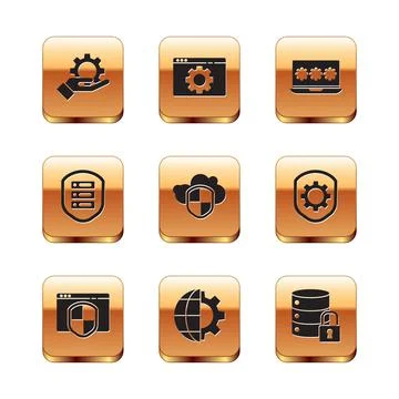 Set Hand settings gear, Browser with shield, Globe of the Earth, Cloud, Server 스톡 일러스트