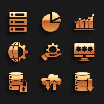 Set Hand settings gear, Cloud download upload, Server, Data, Web Hosting Stock Illustration