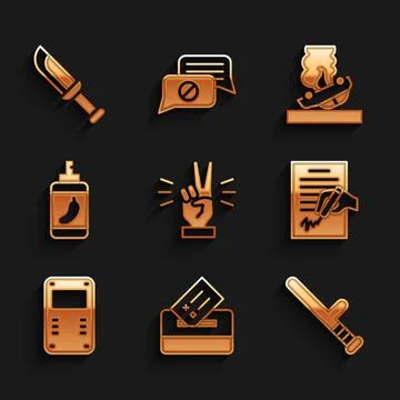 Set Hand showing two finger, Vote box, Police rubber baton, Petition, assault Stock Illustration