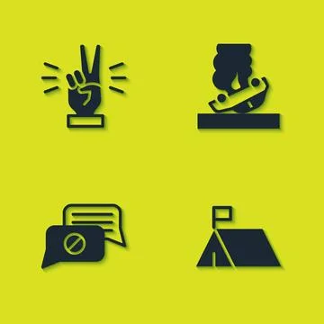 Set Hand showing two finger, Protest camp, Speech bubble chat and Burning car Stock Illustration