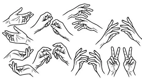 Set of hand sketches showing different gestures like holding and pointing in Stock Illustration