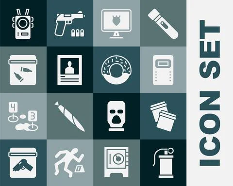 Set Hand smoke grenade, Plastic bag with ziplock, Police assault shield, data Stock Illustration