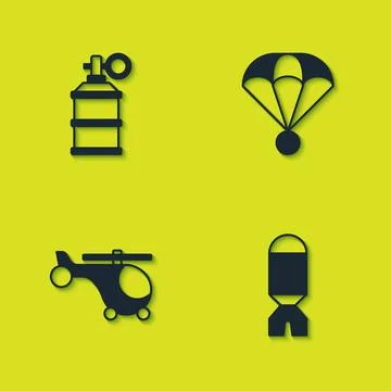 Set Hand smoke grenade, Rocket launcher, Helicopter and Parachute icon. Vector 스톡 일러스트