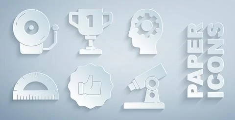 Set Hand thumb up, Head with gear inside, Protractor, Microscope, Award cup and Stock Illustration