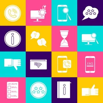Set Hand thumb up, Mobile with FAQ information, Computer monitor diagnostics Stock-Illustration