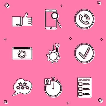 Set Hand thumb up, Mobile phone diagnostics, Phone call, Setting, Wrench sc.. Illustrazione stock