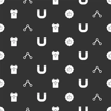 Set Hand thumb up, Molecule, School backpack and Magnet on seamless pattern Illustrazione stock