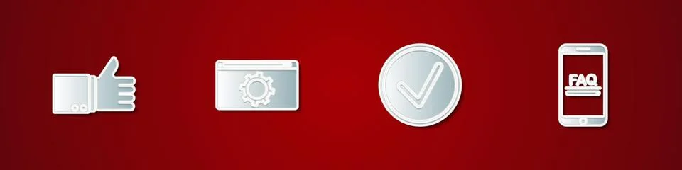 Set Hand thumb up, Setting, Check mark circle and Mobile with FAQ information Stock Illustration