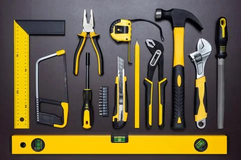 Set of hand tools on a dark background Stock Photos