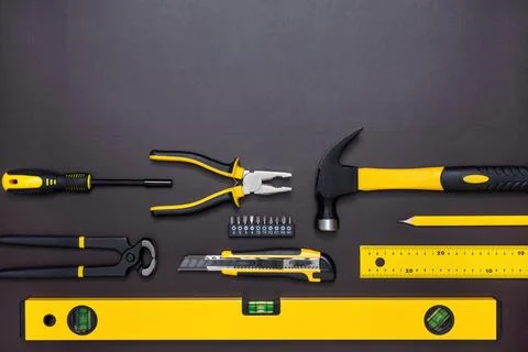 Set of hand tools on a dark background Stock Photos