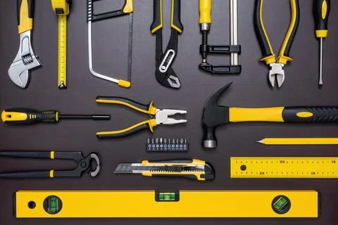 Set of hand tools on a dark background Stock Photos