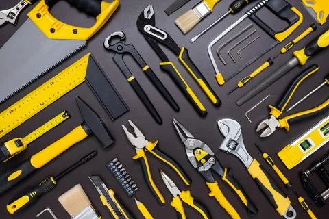 Set of hand tools on a dark background Stock-Fotos
