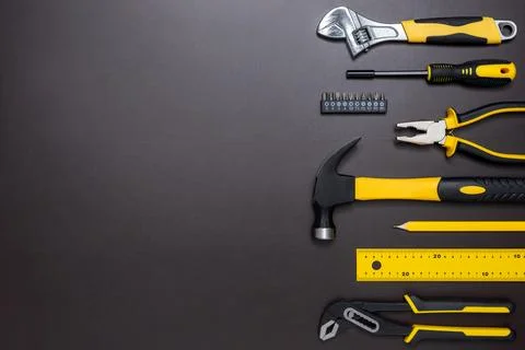 Set of hand tools on a dark background Stock Photos