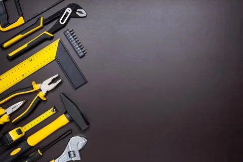 Set of hand tools on a dark background Stock Photos