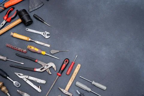 Set of Hand Tools on Dark Background Stock Photos